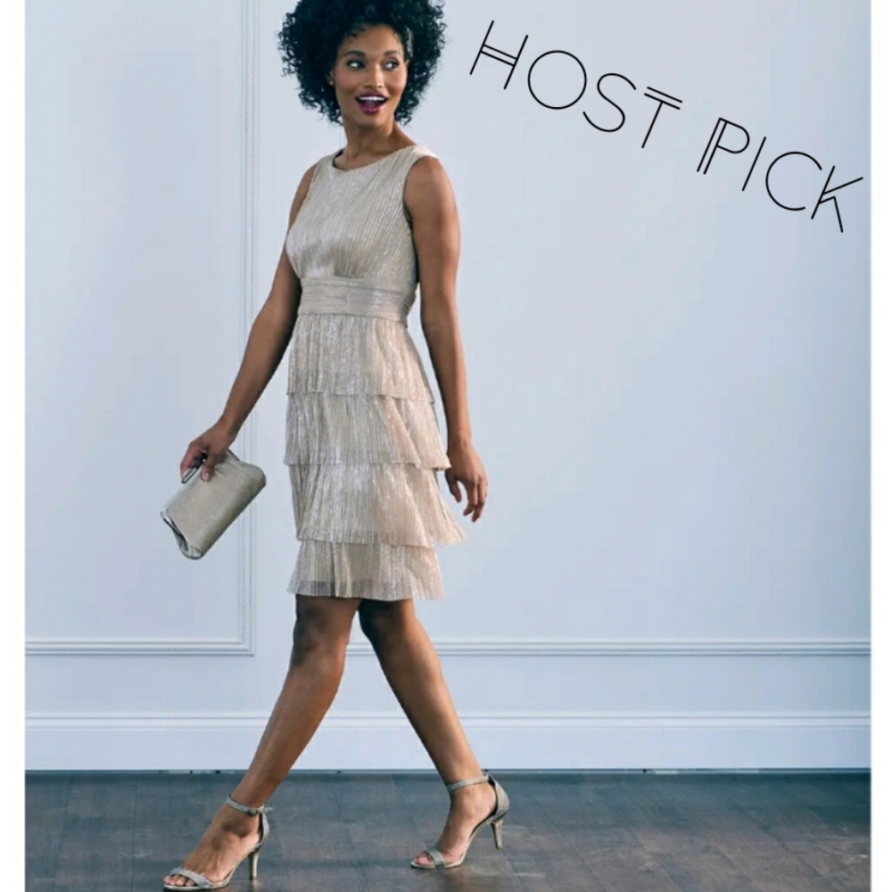 HP Connected Petite Metallic Shimmer Tiered Dress